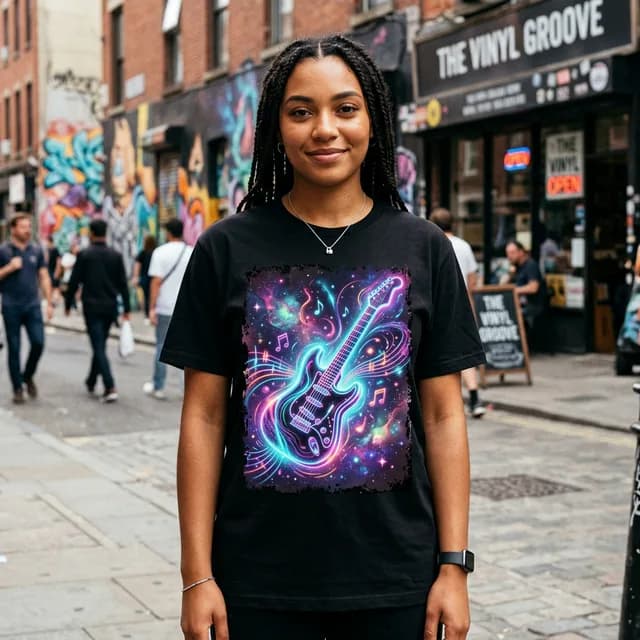 Person wearing a black t-shirt with a vibrant AI-generated neon electric guitar artwork on the front with distressed edges