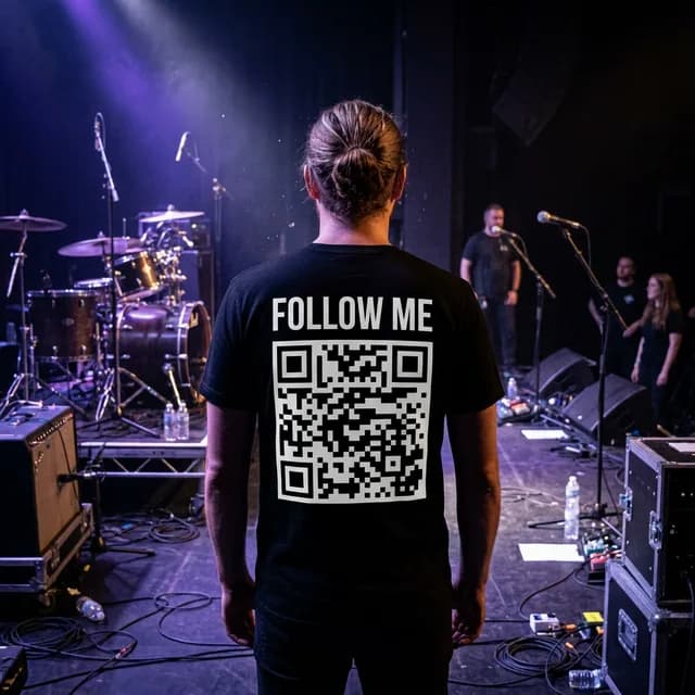 Band member standing near a concert stage wearing a custom t-shirt with a Follow Me QR code linking to Instagram
