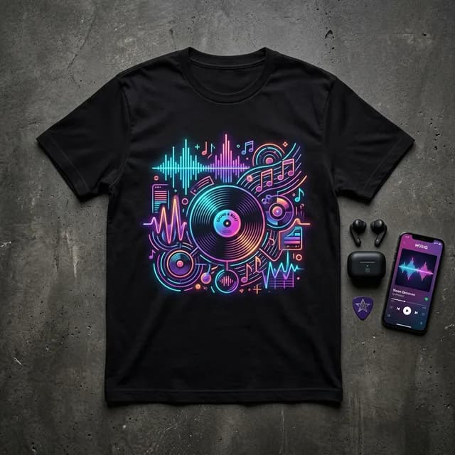 Flat lay of a custom AI-generated music-themed t-shirt with earbuds, guitar pick, and smartphone showing a music streaming app