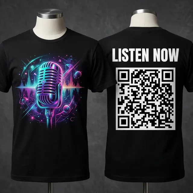Custom QR code t-shirt showing front with AI-generated neon microphone artwork and back with Listen Now text above a scannable QR code