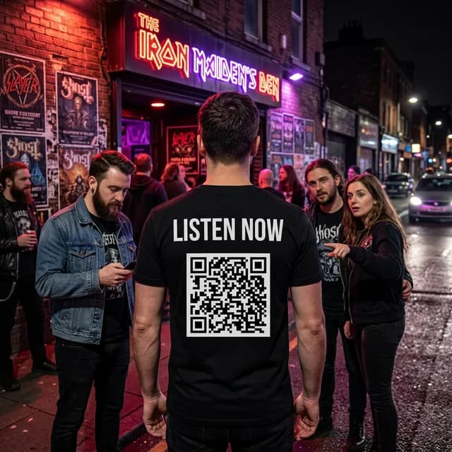 Independent musician wearing a custom AI-designed t-shirt with a scannable QR code and Listen Now text on the back