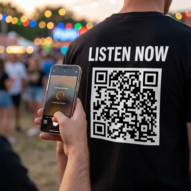 Person scanning a QR code on the back of a custom t-shirt with a smartphone, with Listen Now text printed above the code