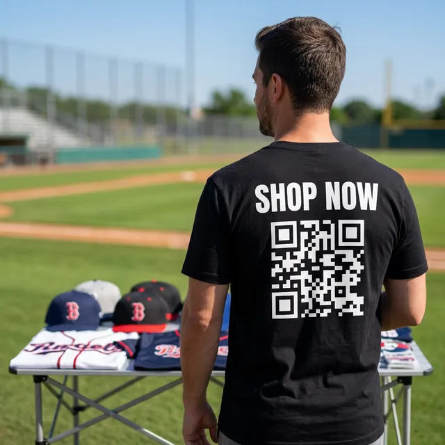 Man selling baseball merchandise near a field wearing a custom t-shirt with a Shop Now QR code on the back