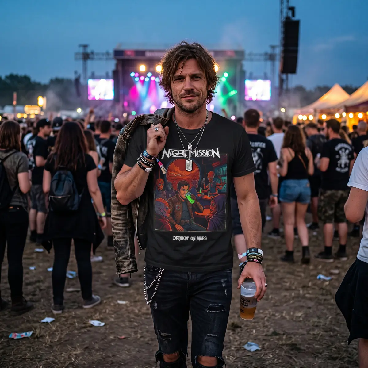 Customer wearing a custom Night Mission song shirt at a live music event