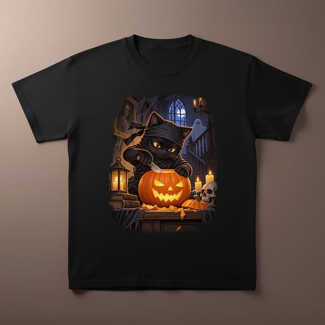 Black T-shirt preview with a ninja cat carving a jack-o-lantern in a haunted house