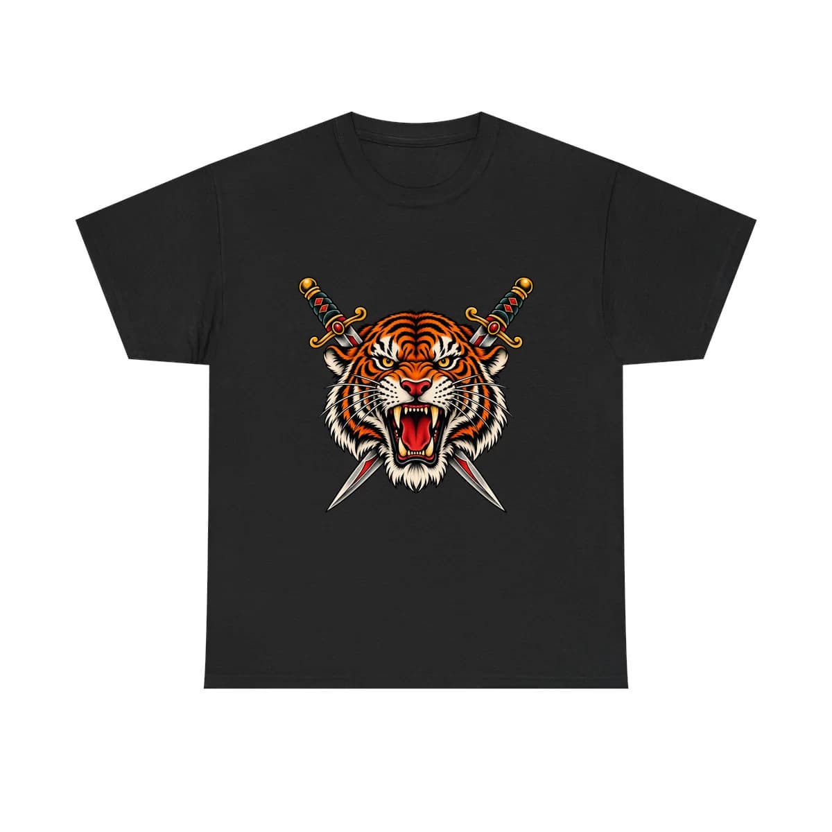 Example black T-shirt with a tiger head and two crossed daggers