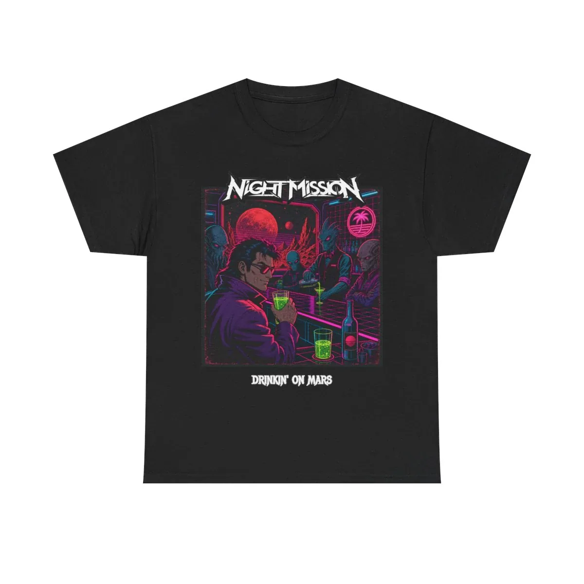 Black Night Mission T-shirt with neon alien-bar artwork and Drinkin' On Mars lettering
