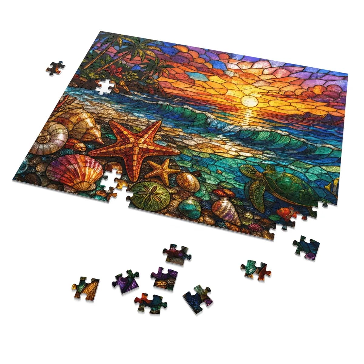 Illustrated seaside jigsaw puzzle with a sunset, colorful shells, starfish and a sea turtle