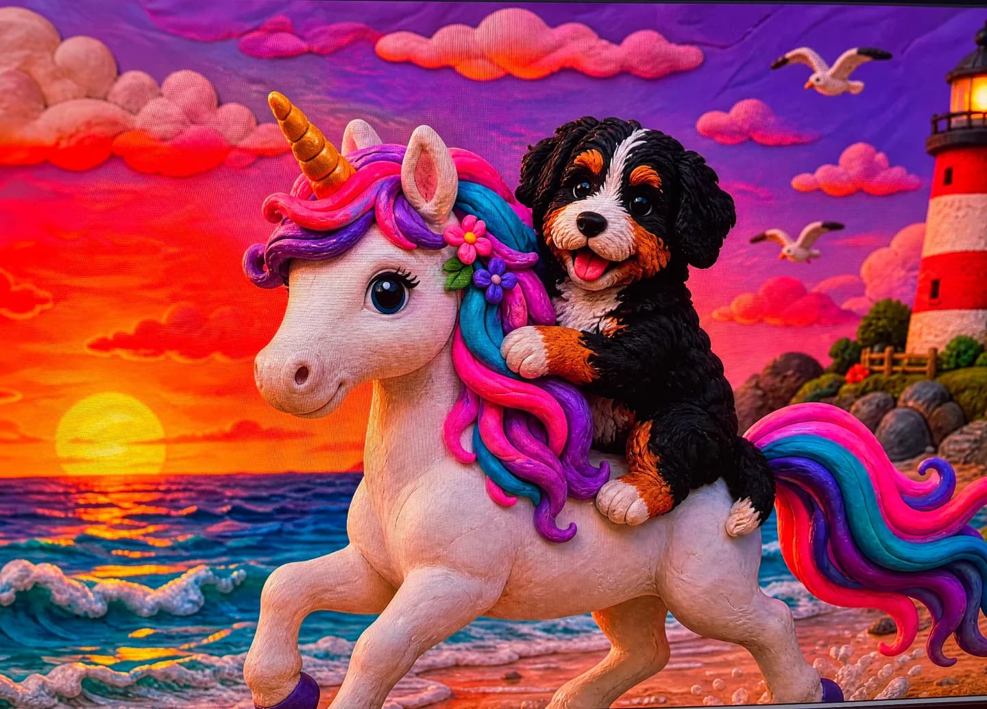 Clay-style puppy riding a rainbow-maned unicorn beside a lighthouse at sunset
