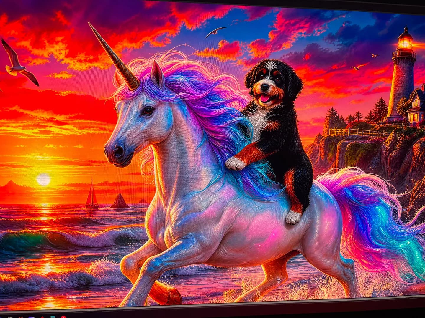 Initial artwork on screen showing a puppy riding a rainbow-maned unicorn by a lighthouse at sunset