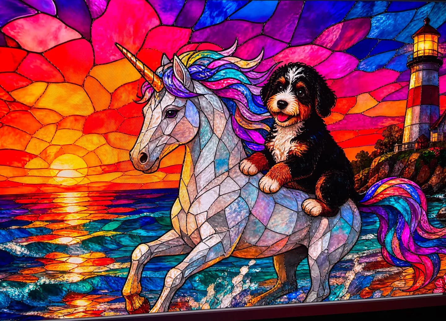 Stained-glass-style unicorn and puppy with colorful coastal sunset panels