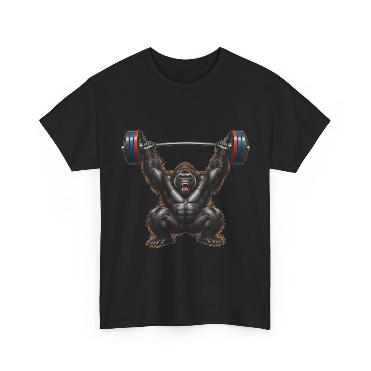 Black T-shirt mockup showing a gorilla in a deep squat holding a loaded barbell overhead