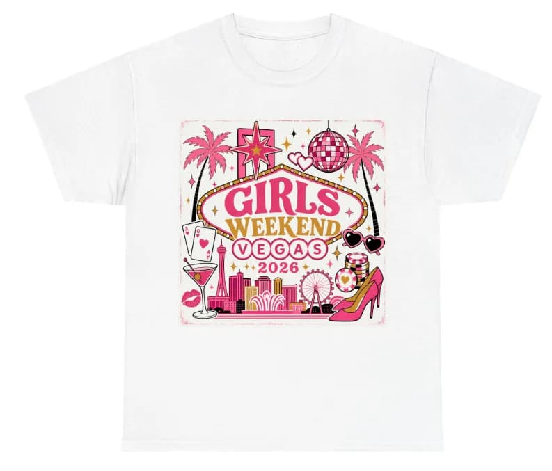 Close-up of Girls Weekend Vegas 2026 design with pink disco ball, palm trees, playing cards, and Las Vegas skyline