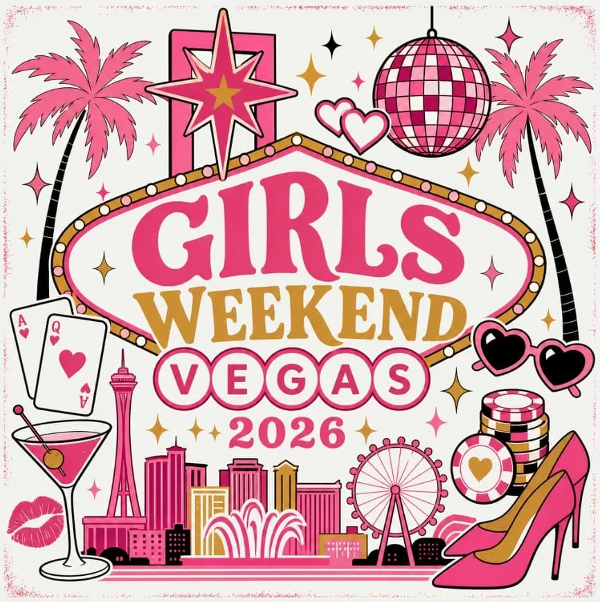 Custom Girls Weekend Vegas 2026 t-shirt with pink and gold design featuring disco ball, palm trees, and Las Vegas skyline