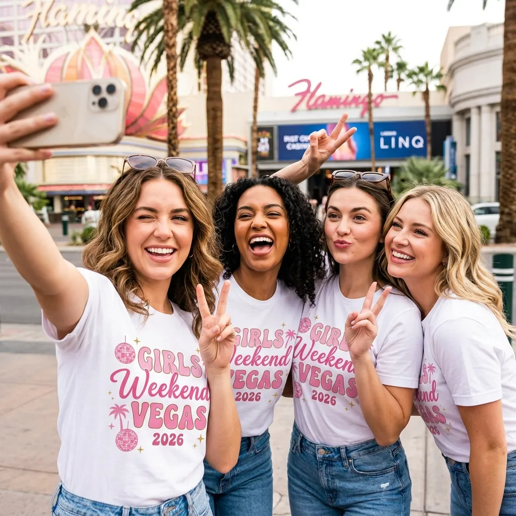 Group of women wearing matching custom Girls Weekend Vegas 2026 t-shirts