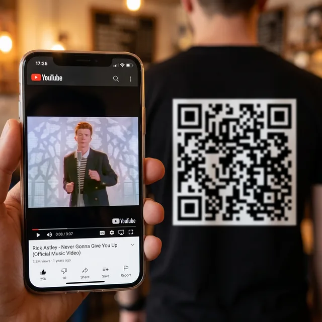 Smartphone showing the Rick Astley Never Gonna Give You Up music video after scanning a QR code on a custom t-shirt