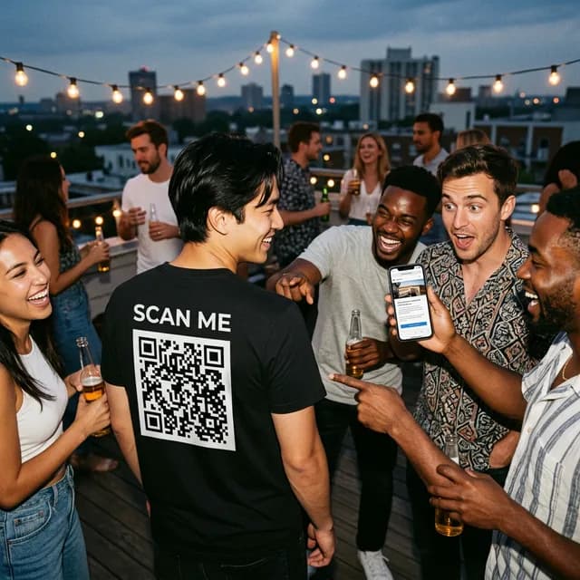 Group of friends laughing at a party after scanning a Rick Roll QR code on the back of a custom t-shirt
