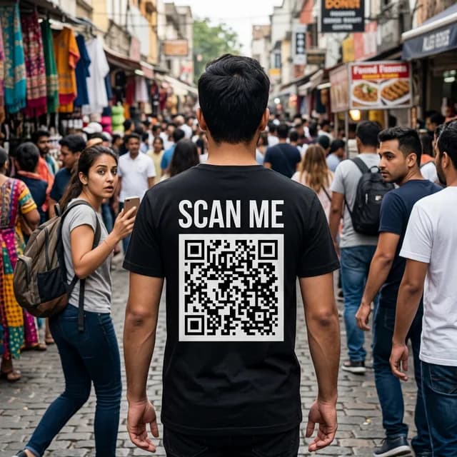 Person wearing a custom black t-shirt with Scan Me text and a QR code on the back in a crowded public setting for a Rick Roll prank