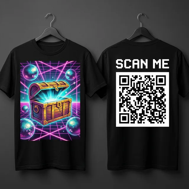 Custom Rick Roll t-shirt showing retro vaporwave artwork on the front and Scan Me text with a QR code on the back