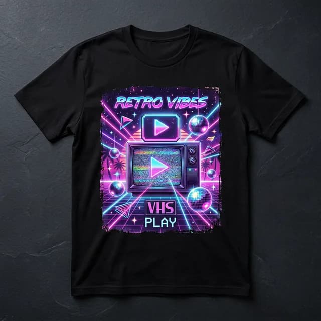 Black t-shirt with an AI-generated retro 80s vaporwave design featuring a pixelated play button on a CRT television with neon laser beams
