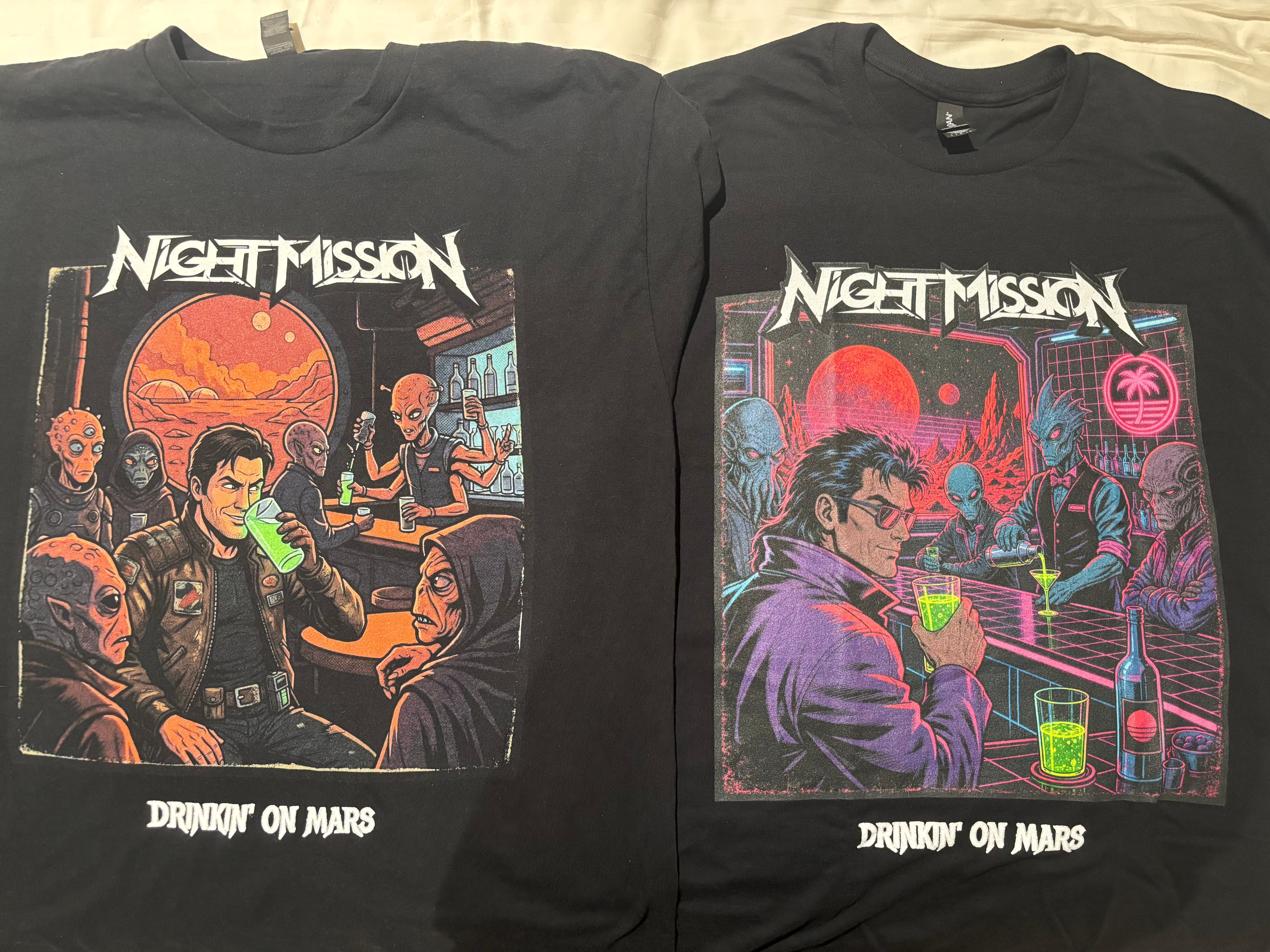 Physical printed Smizzy t-shirts showing detailed AI band merch results