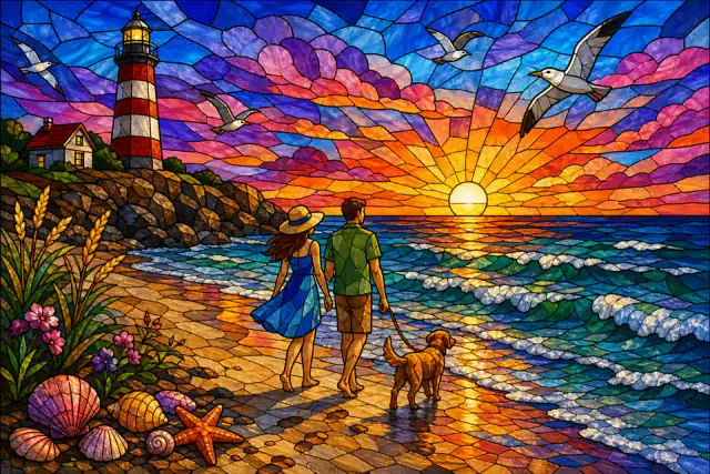 Stained-glass-style beach sunset artwork for a custom jigsaw puzzle