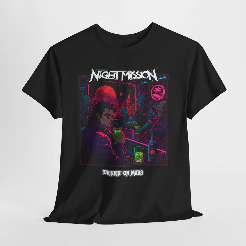 Black Night Mission T-shirt featuring Drinkin’ on Mars artwork