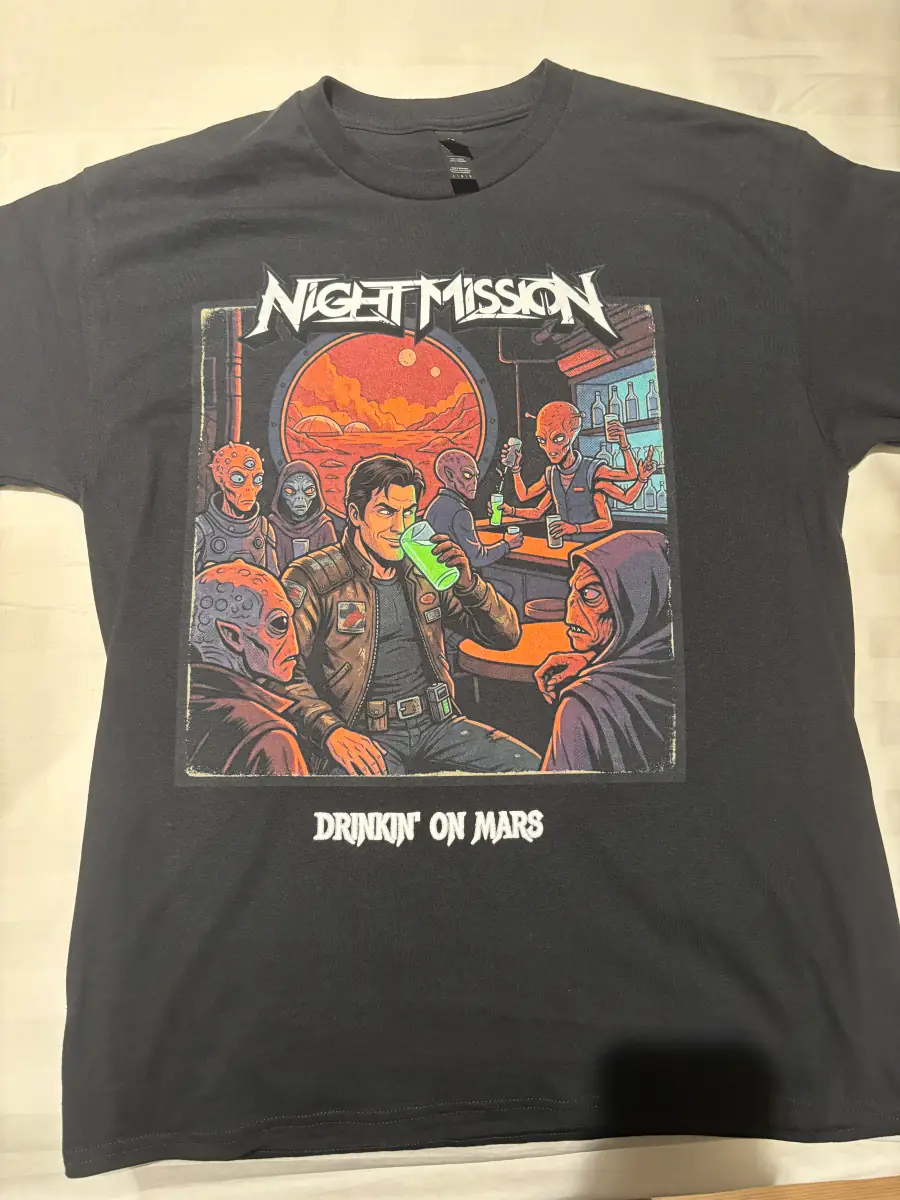 Front of the finished Night Mission Drinkin’ on Mars shirt