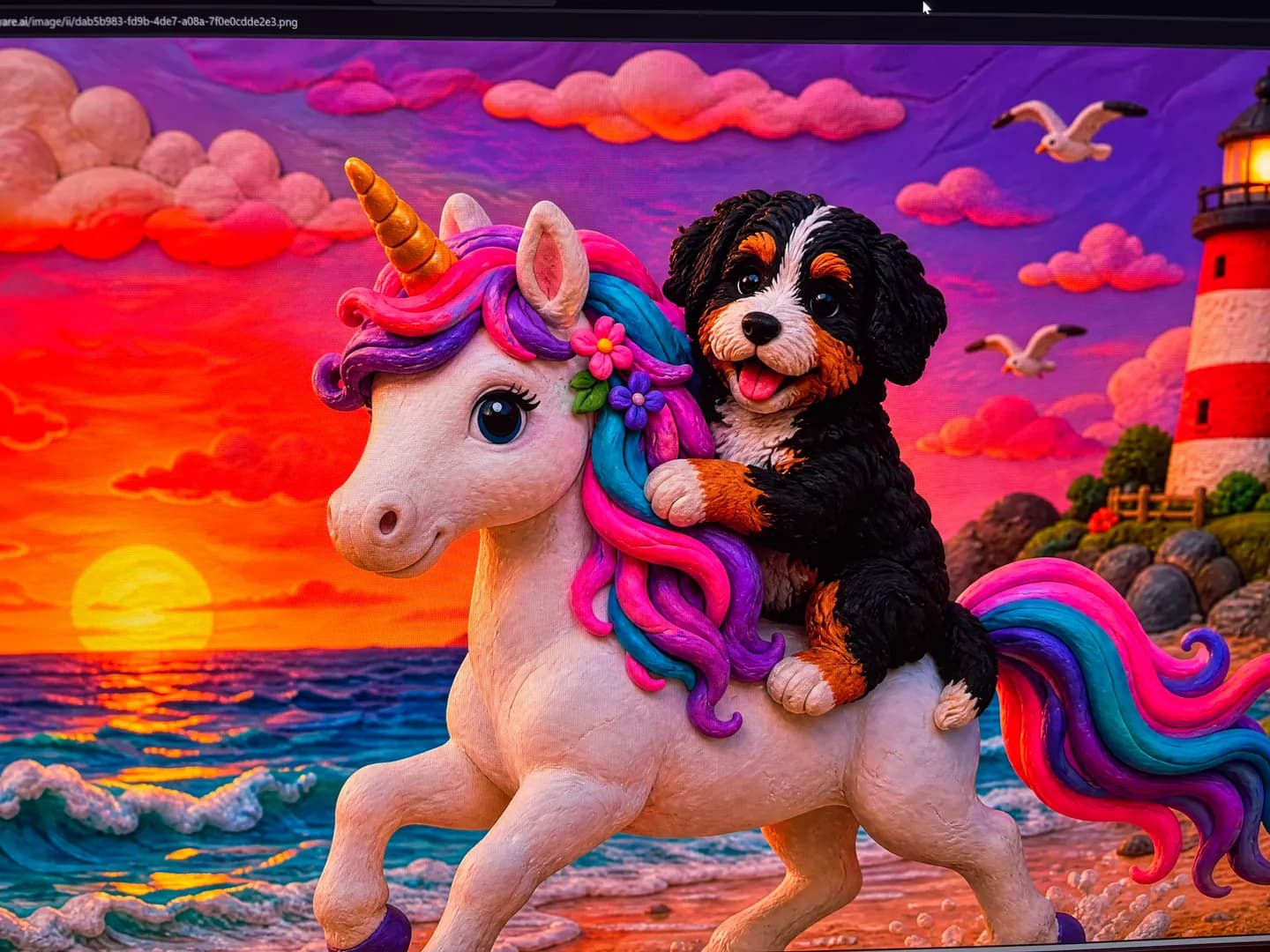 Clay-style unicorn and puppy with modeled textures, rounded clouds and a lighthouse