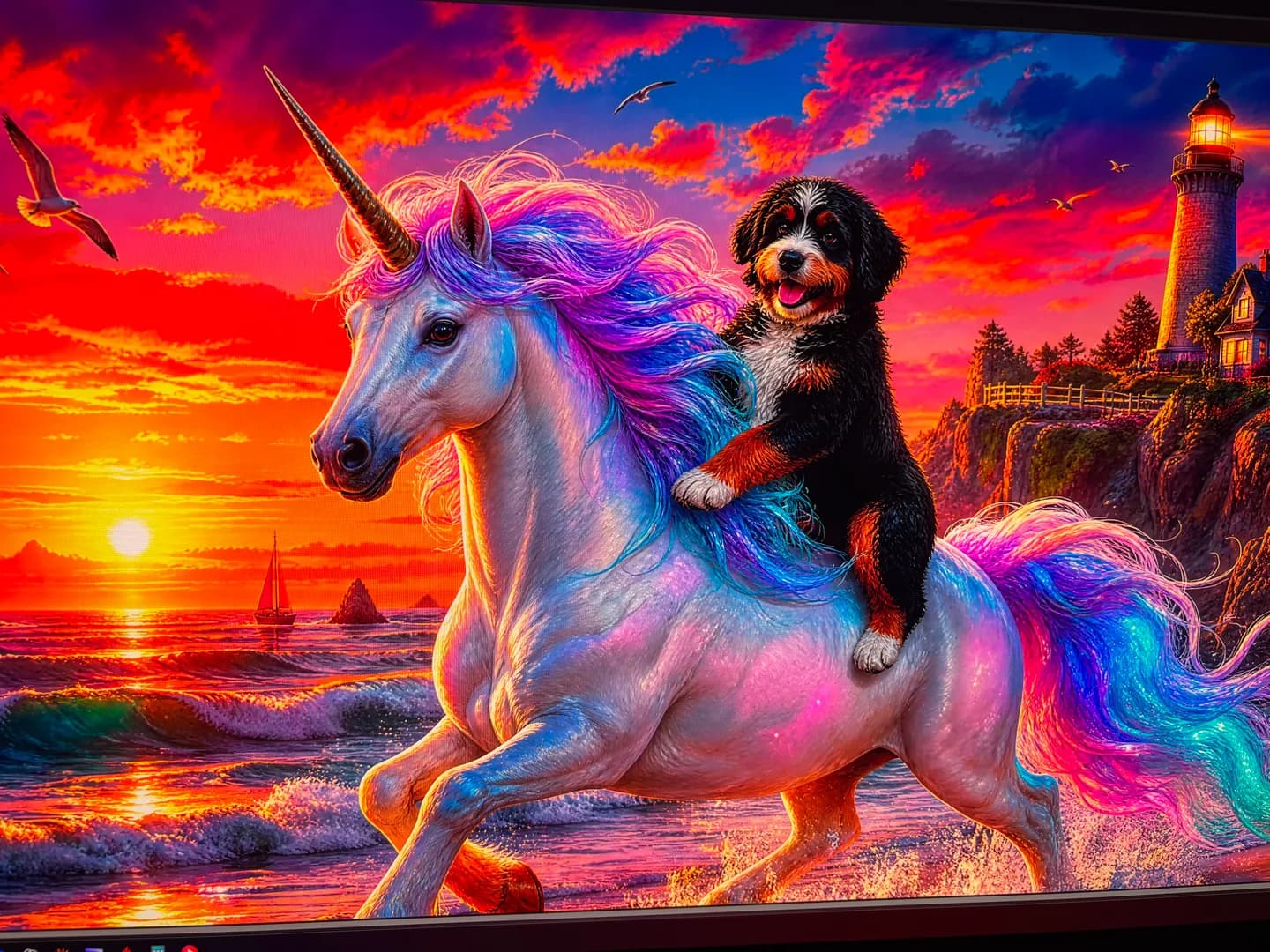 A puppy riding a rainbow-maned unicorn beside a lighthouse at sunset on screen