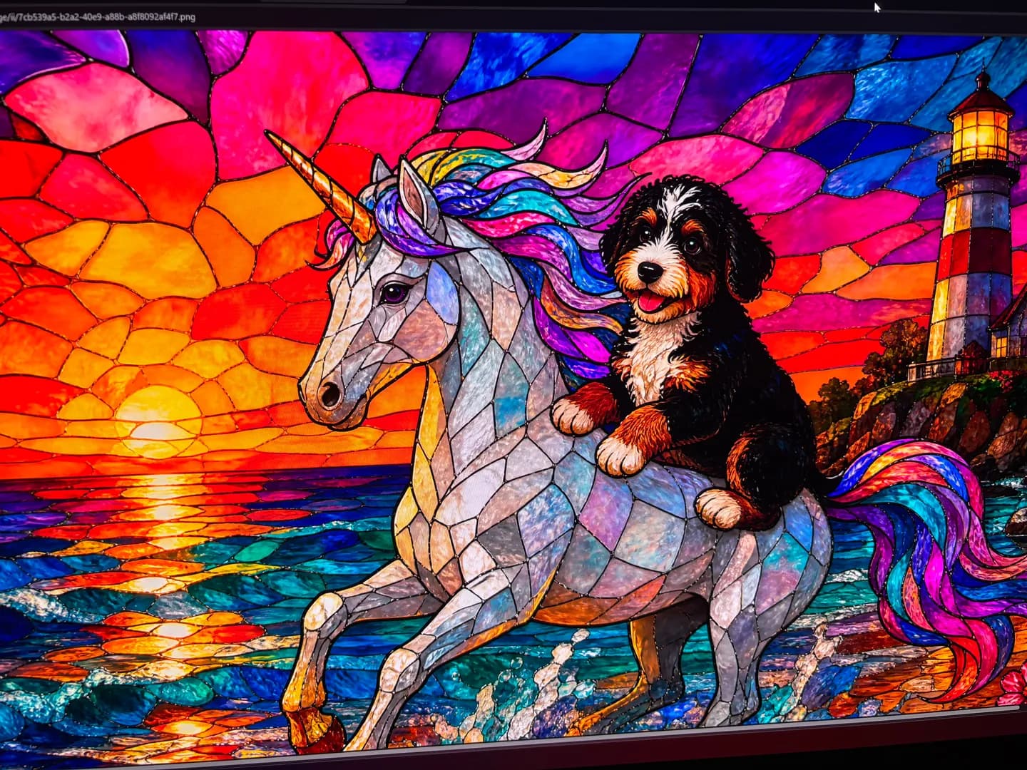 Stained-glass-style unicorn and puppy with dark outlines and vivid sunset-colored panels