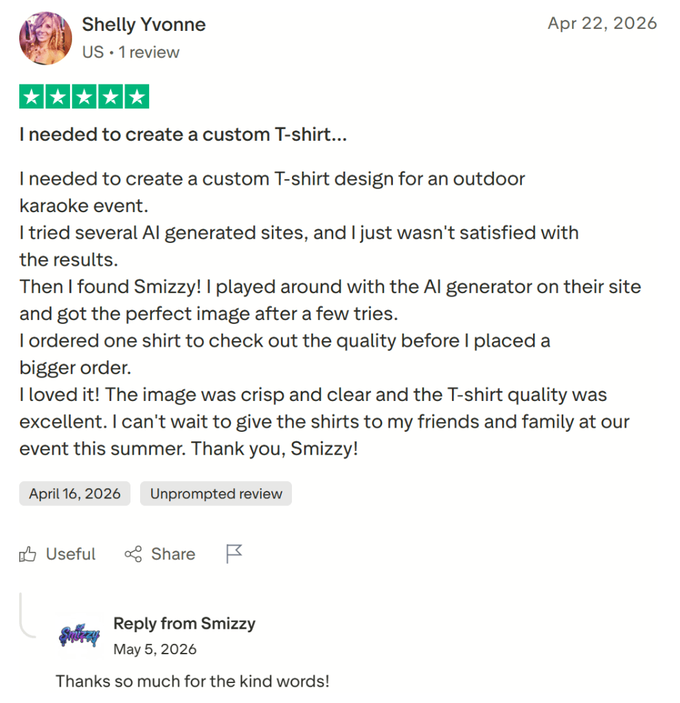 Customer review from Shelly Yvonne: I needed to create a custom T-shirt design for an outdoor karaoke event... Then I found Smizzy!... The image was crisp and clear and the T-shirt quality was excellent.