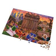 Angled view of the 2,000-piece Bellevue Hotel Philadelphia jigsaw puzzle with loose pieces