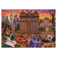 Assembled 2,000-piece Bellevue Hotel Philadelphia jigsaw puzzle with skyline, landmarks and sports artwork