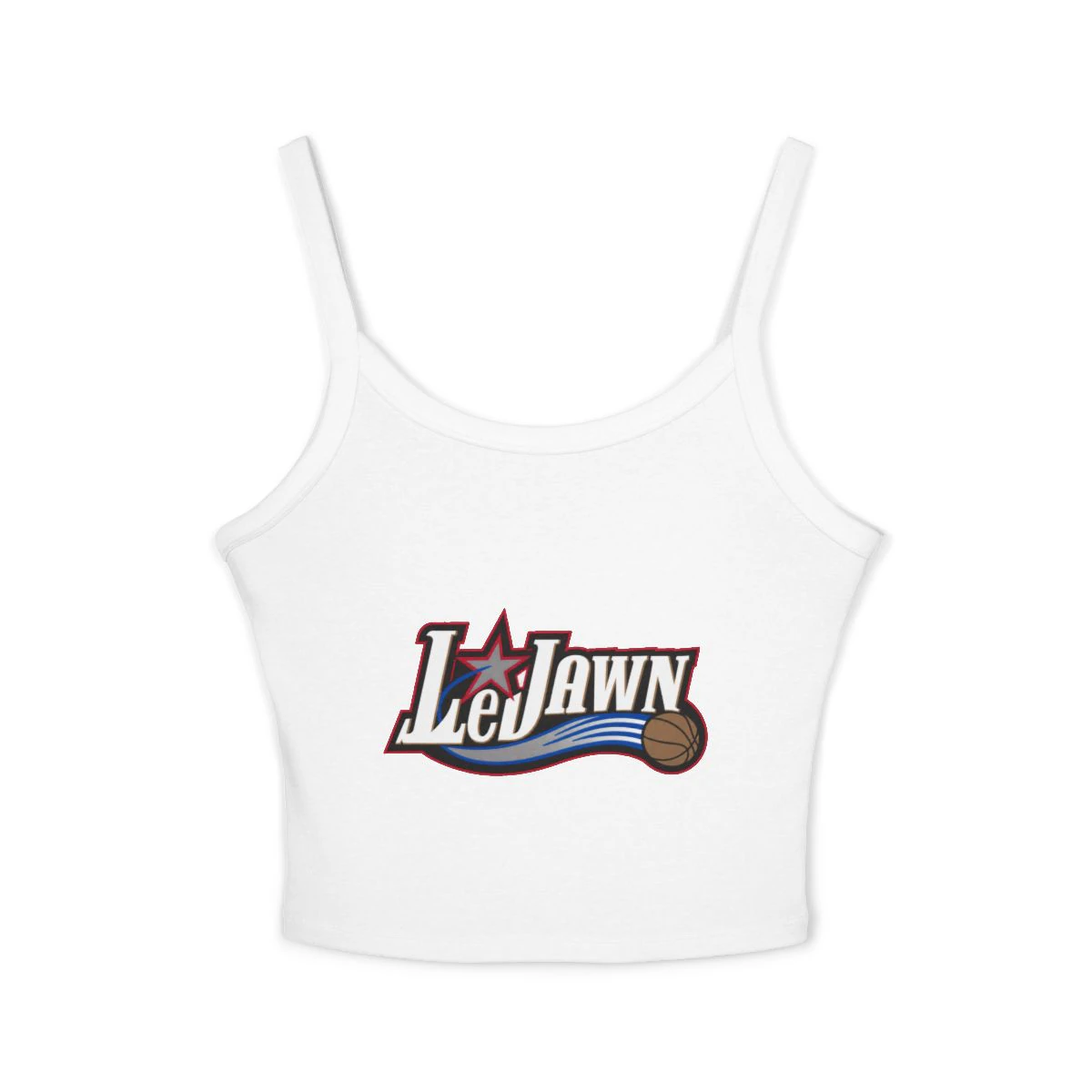 LeJawn Women's Spaghetti Strap Tank Top - Lebron James Inspired 76ers Design - Solid White Blend - 6-size options - front product mockup