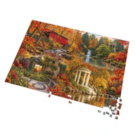 Angled view of the 2,000-piece Gardens & Valleys of Greater Philadelphia Autumn Jigsaw Puzzle with loose pieces