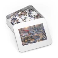 Printed storage tin for the 1,000-piece Gardens & Valleys of Greater Philadelphia Winter Jigsaw Puzzle, with artwork on the lid
