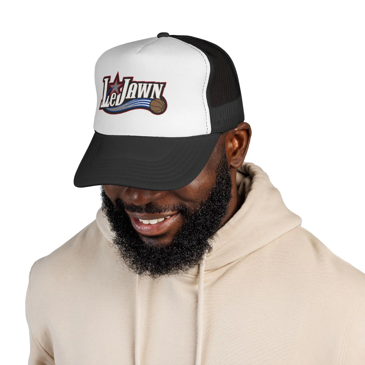 LeJawn Trucker Hat - Lebron James Inspired 76ers Design - Black - One size - front product mockup