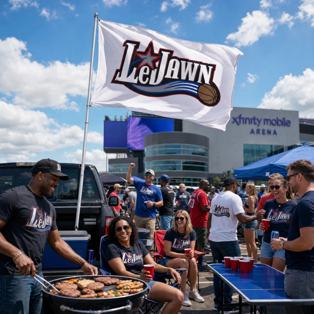 LeJawn Double Sided Tailgate Flag - Lebron James Inspired 76ers Design - color options - 12'' × 18'' - other product mockup