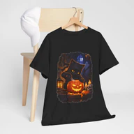 Black Cat Ninja Carving Pumpkin Halloween T-Shirt hanging beside a chair with the front artwork visible