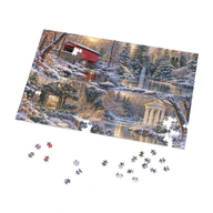 Angled view of the 1,000-piece Gardens & Valleys of Greater Philadelphia Winter Jigsaw Puzzle with loose pieces