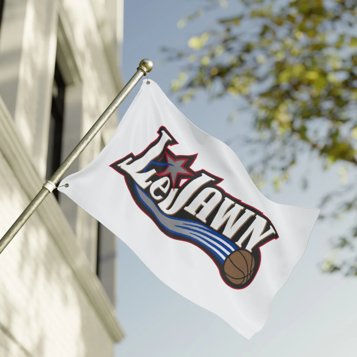 LeJawn Double Sided Tailgate Flag - Lebron James Inspired 76ers Design - color options - 24'' × 36'' - other product mockup