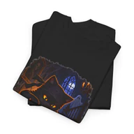 Folded black Black Cat Ninja Halloween T-Shirt with a close view of the pumpkin-carving cat artwork