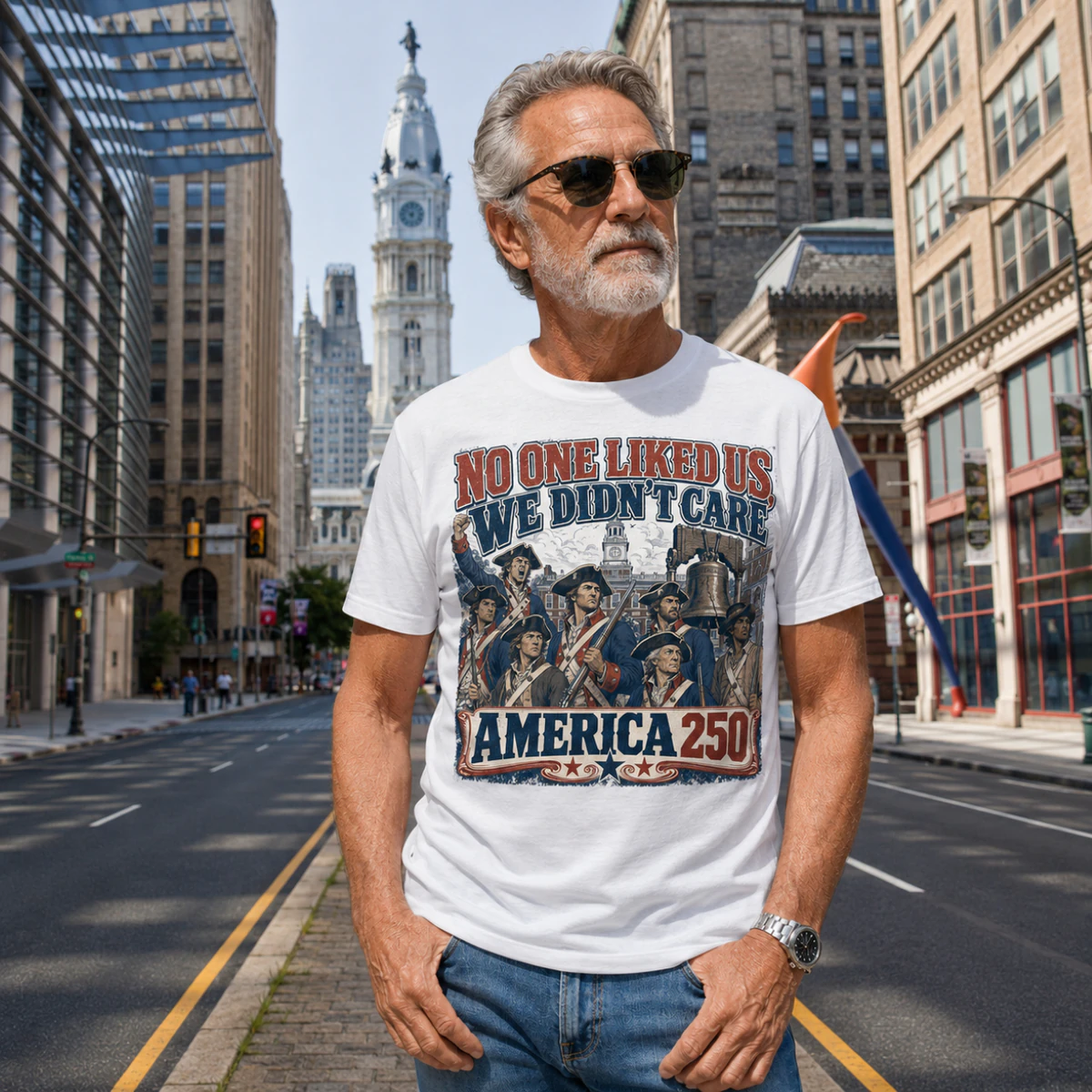 Philadelphia America 250 "No One Liked Us, We Didn't Care" Vintage Patriotic Unisex T-Shirt product mockup 4