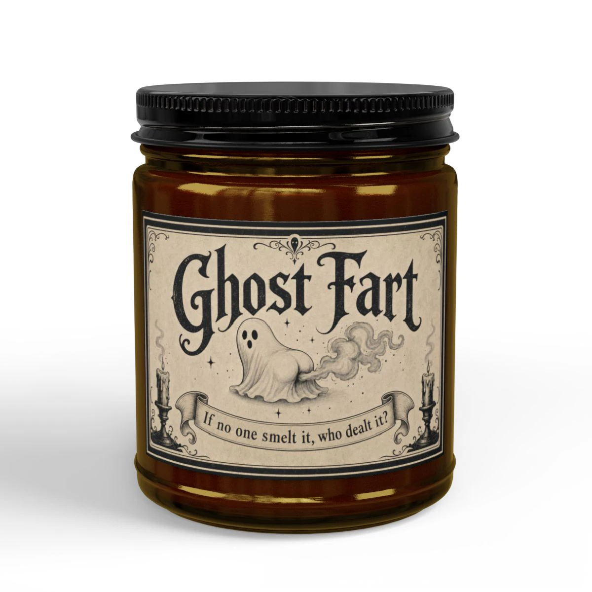 Ghost Fart Unscented Halloween Candle - Funny Spooky Gift - Amber Jar + Black Lid, 9oz, other product view