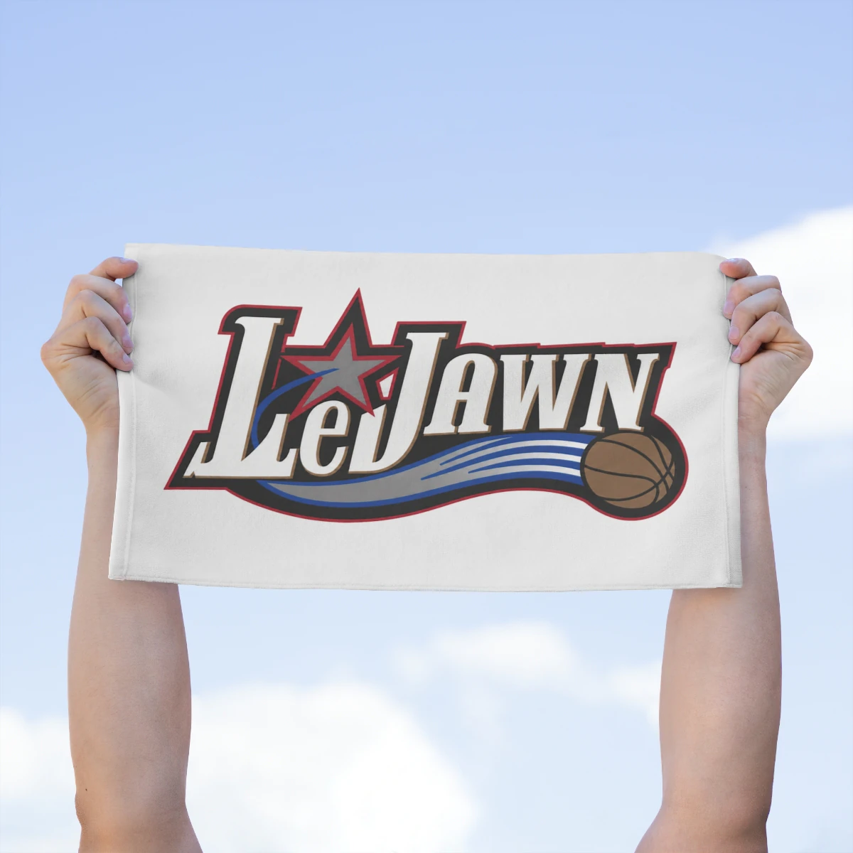LeJawn Rally Towel, 11x18 - Lebron James Inspired 76ers Design - White - 11" × 18" - other product mockup