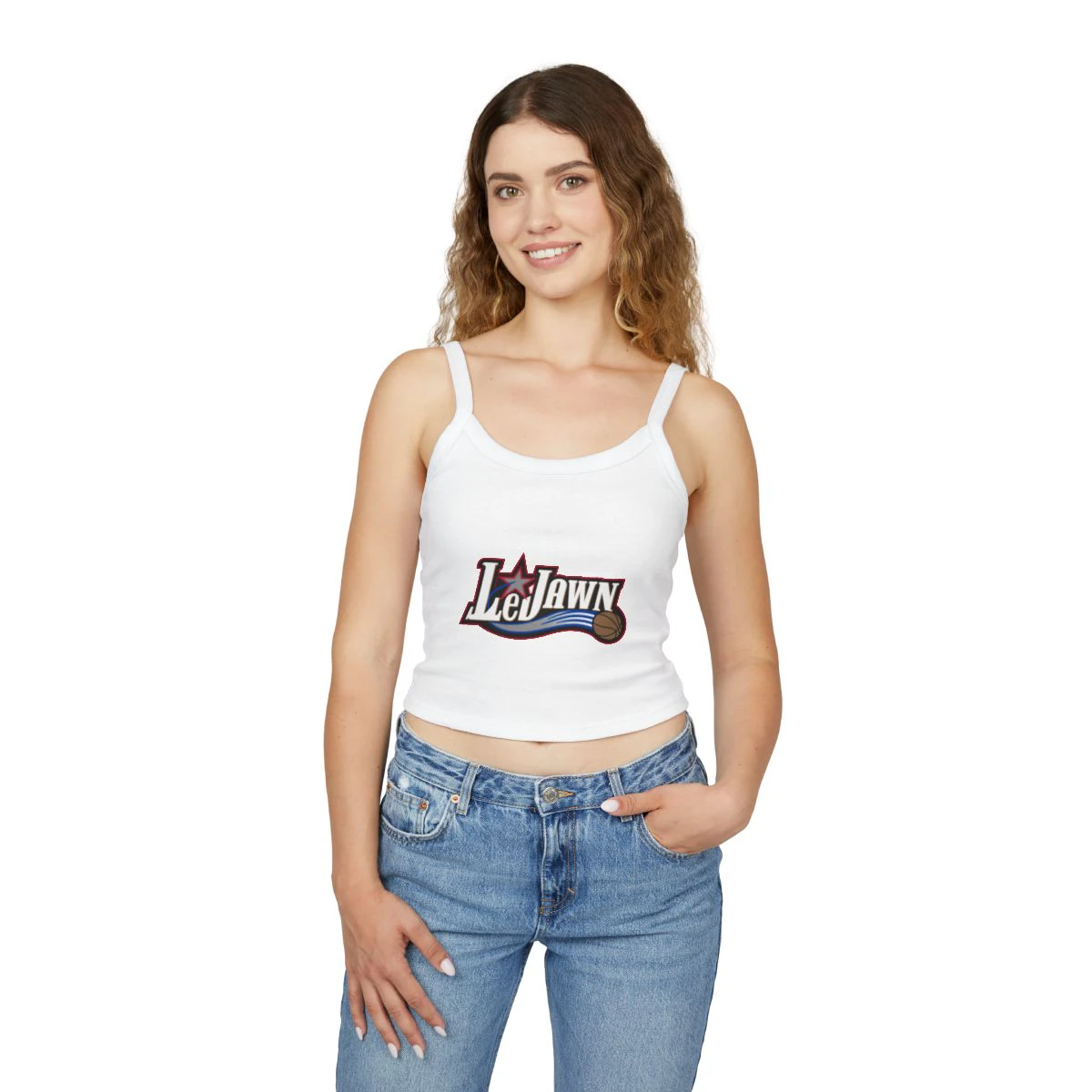 LeJawn Women's Spaghetti Strap Tank Top - Lebron James Inspired 76ers Design - Solid White Blend - 6-size options - other product mockup