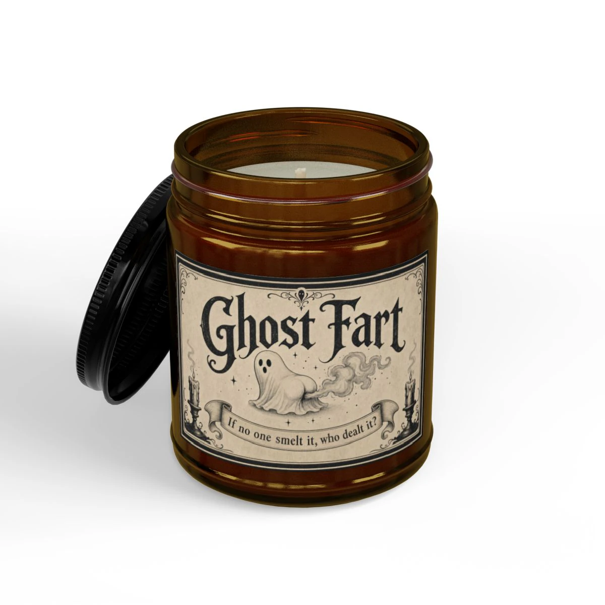 Ghost Fart Unscented Halloween Candle - Funny Spooky Gift - Amber Jar + Black Lid, 9oz, other product view