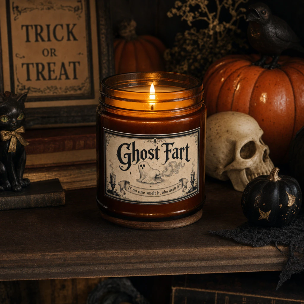 Ghost Fart Unscented Halloween Candle - Funny Spooky Gift - Amber Jar + Black Lid, 4oz, other product view