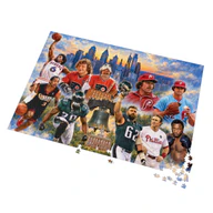 Angled view of the 2,000-piece Philadelphia Sports Legends Jigsaw Puzzle with loose pieces